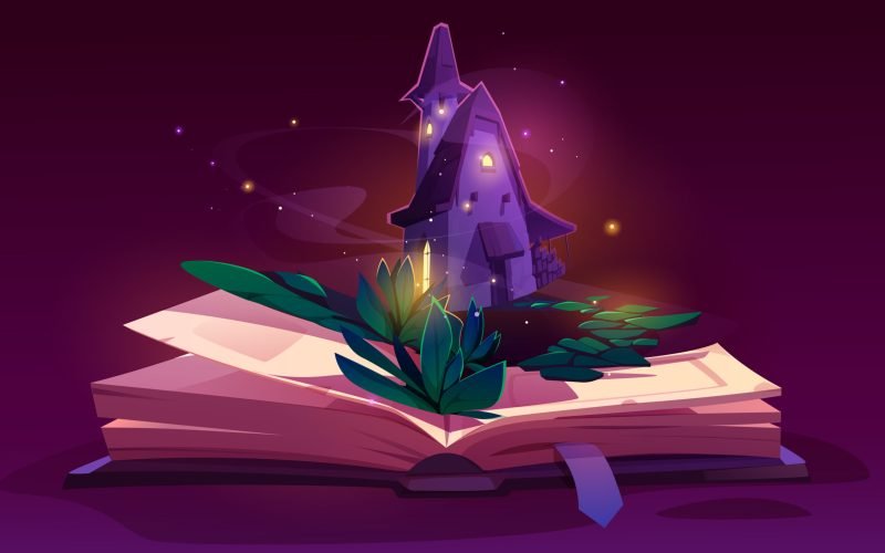 Open book of fairy adventure story to read kid vector magic illustration. Dream of fantasy medieval wizard house legend at night with sparkle elements. Kindergarten reading fairytale about kingdom