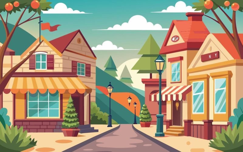 a-bright-colorful-illustration-of-a-town-street-featuring-charming-buildings-with-awnings-streetlights-and-trees-the-scene-is-set-on-a-sunny-day-with-clouds-in-the-sky-free-vector